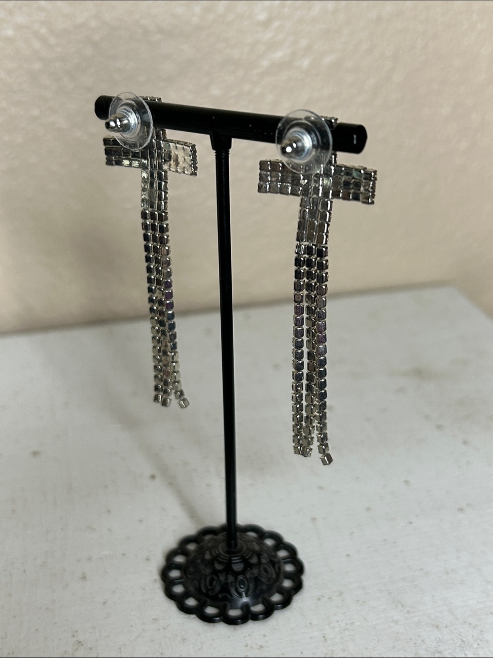 CROSS Rhinestone Dangle Earrings - Silver Sparkle - Picture 3 of 3